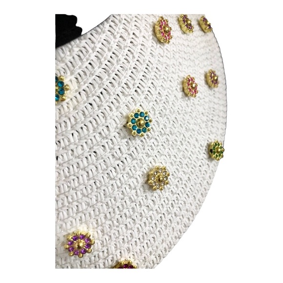 White black bejeweled faux precious‎ stones raffia straw sun visor hat new main image 9